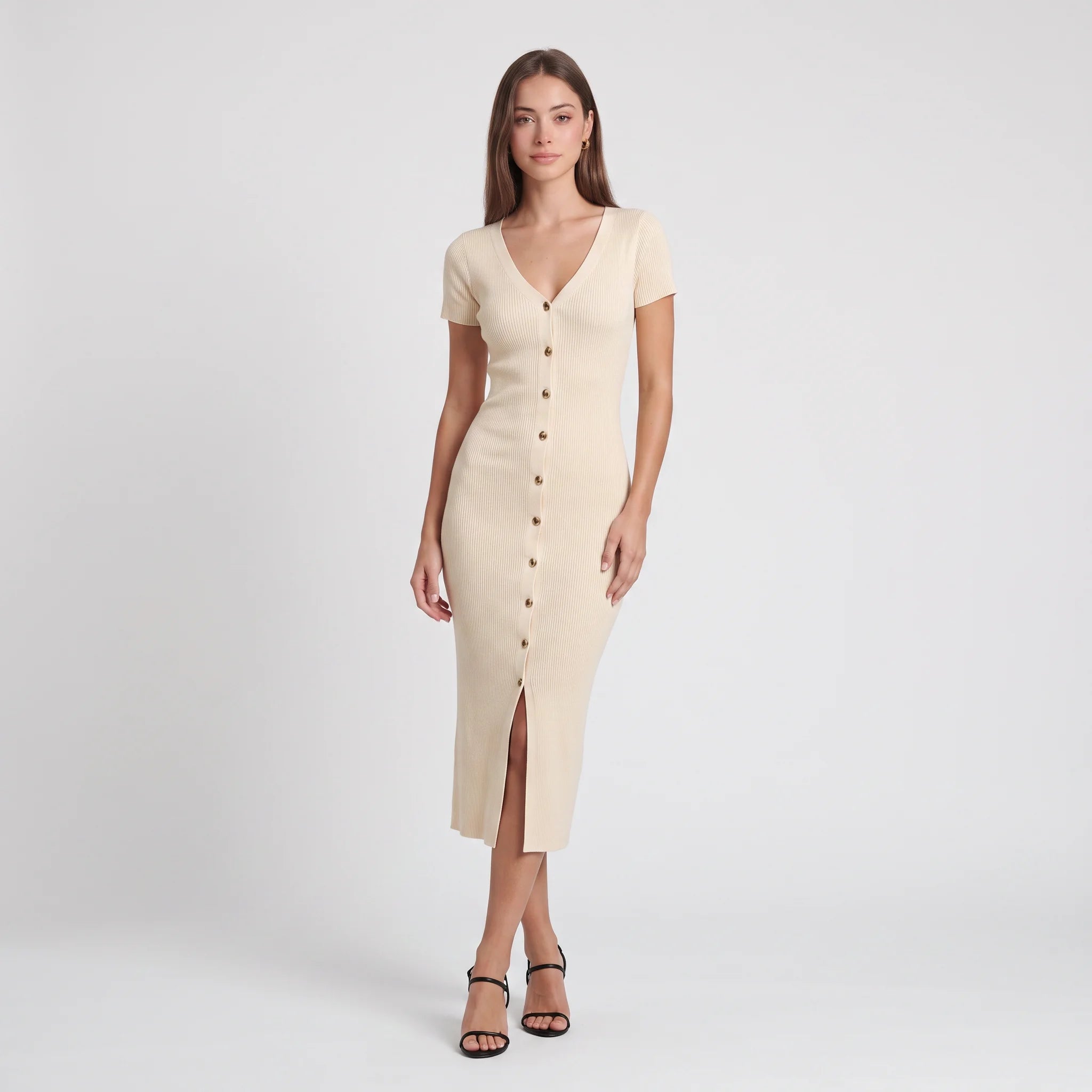 Women's V-Neck Bodycon Midi Sweater Dress – Elegant Ribbed Knit Dress-Dresses-Beige-S-Kusasi