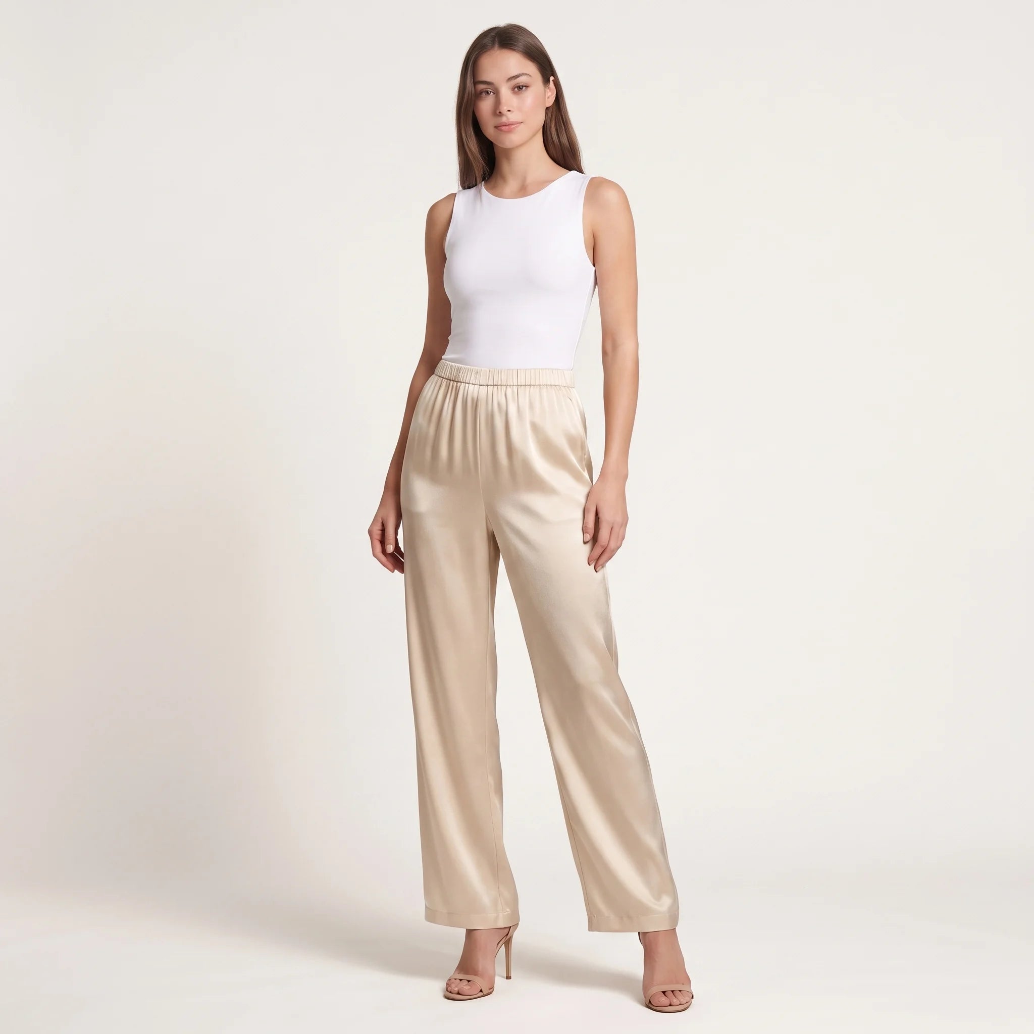 Women's Satin Wide-Leg Trousers – Elegant High-Waist Draped Pants-Trousers-Beige-S-Kusasi