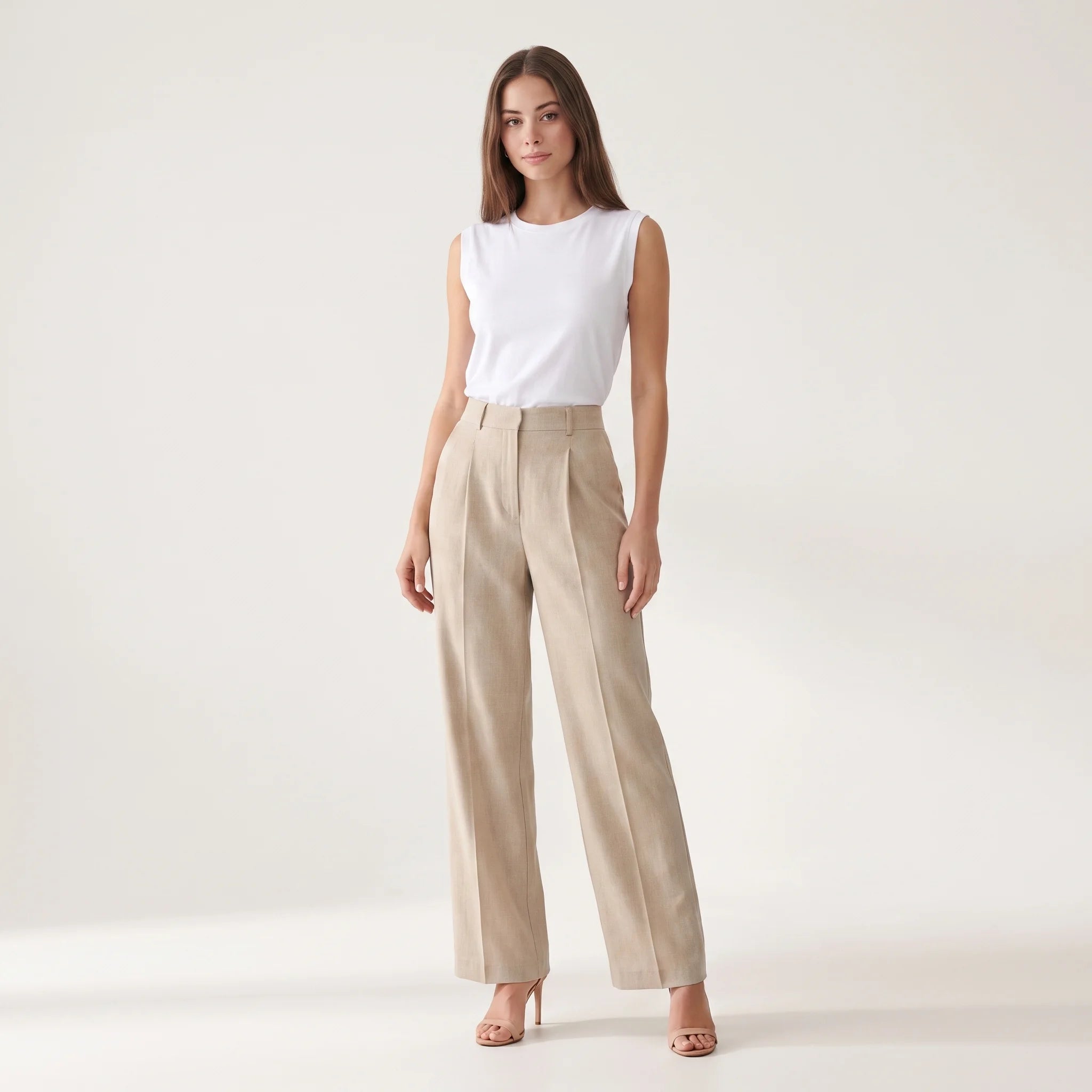 Women's Wide-Leg Tailored Trousers – High Waist Lightweight Office Pants-Trousers-Beige-S-Kusasi