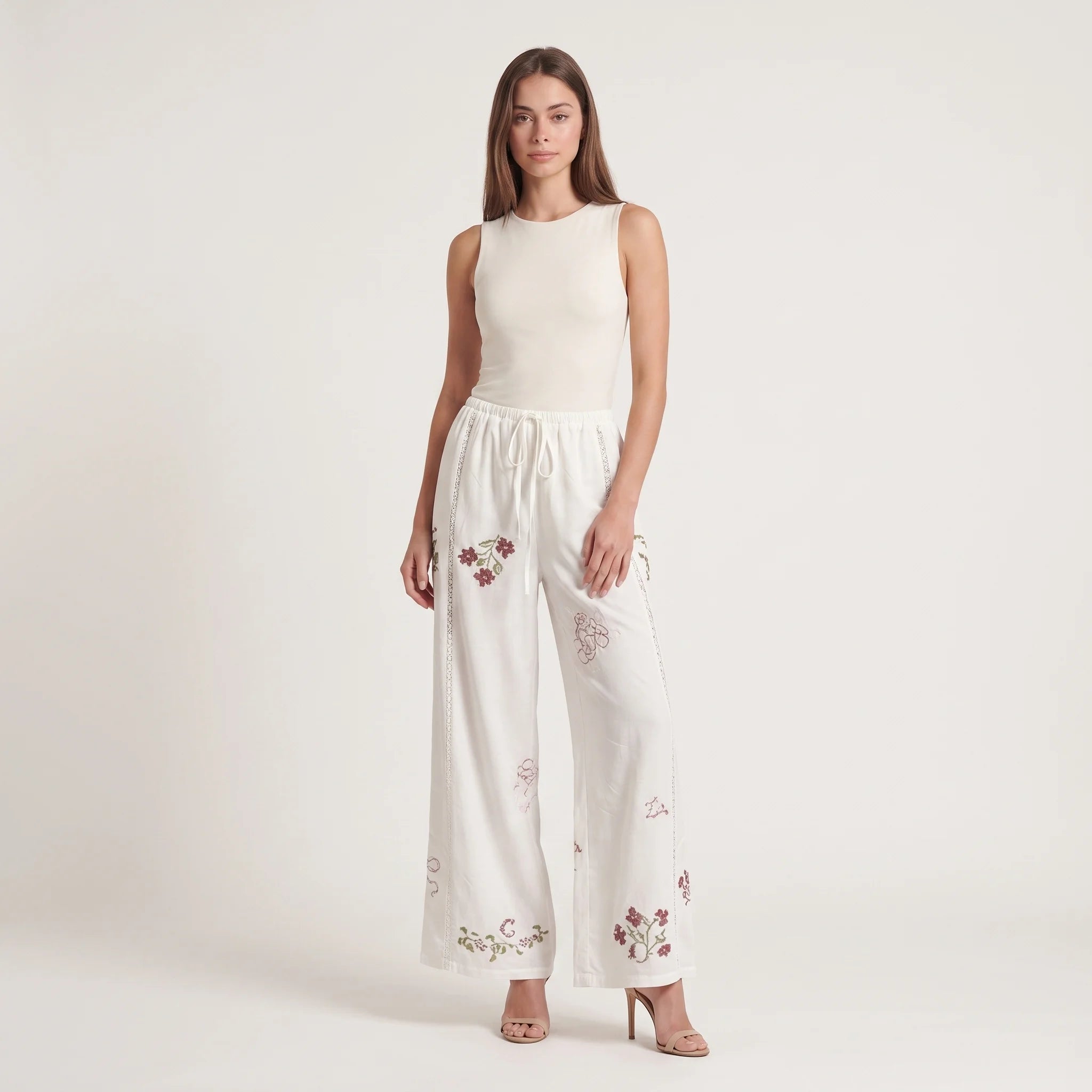 Women's Floral Embroidered Straight-Leg Trousers – Cotton Elastic Waist Pants-Trousers-White-S-Kusasi