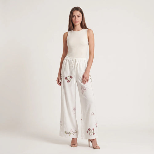 Women's Floral Embroidered Straight-Leg Trousers – Cotton Elastic Waist Pants-Trousers-White-S-Kusasi