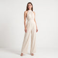 Women's Halter Neck Wide-Leg Jumpsuit – Elegant Sleeveless Textured One-Piece-Jumpsuit-Ivory-S-Kusasi