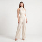 Women's Halter Neck Wide-Leg Jumpsuit – Elegant Sleeveless Textured One-Piece-Jumpsuit-Ivory-S-Kusasi