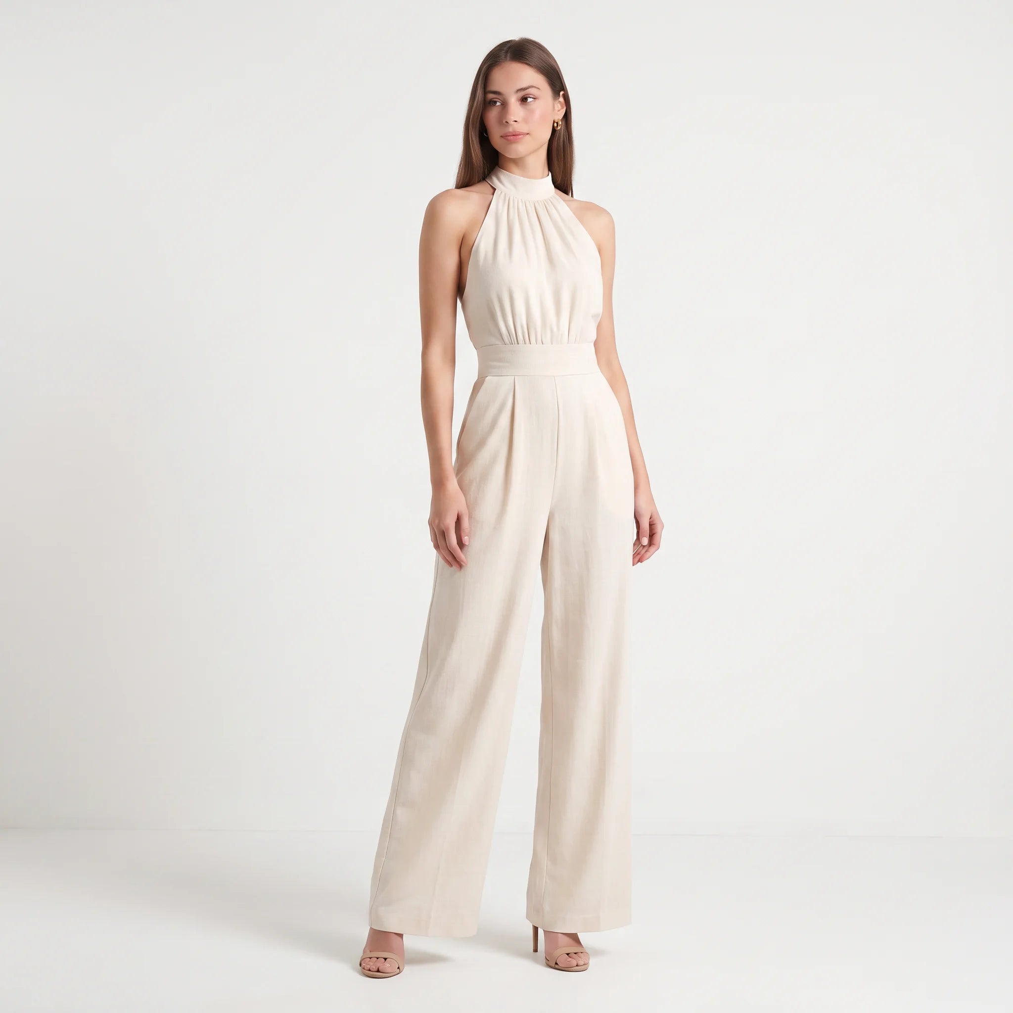 Women's Halter Neck Wide-Leg Jumpsuit – Elegant Sleeveless Textured One-Piece-Jumpsuit-Ivory-S-Kusasi