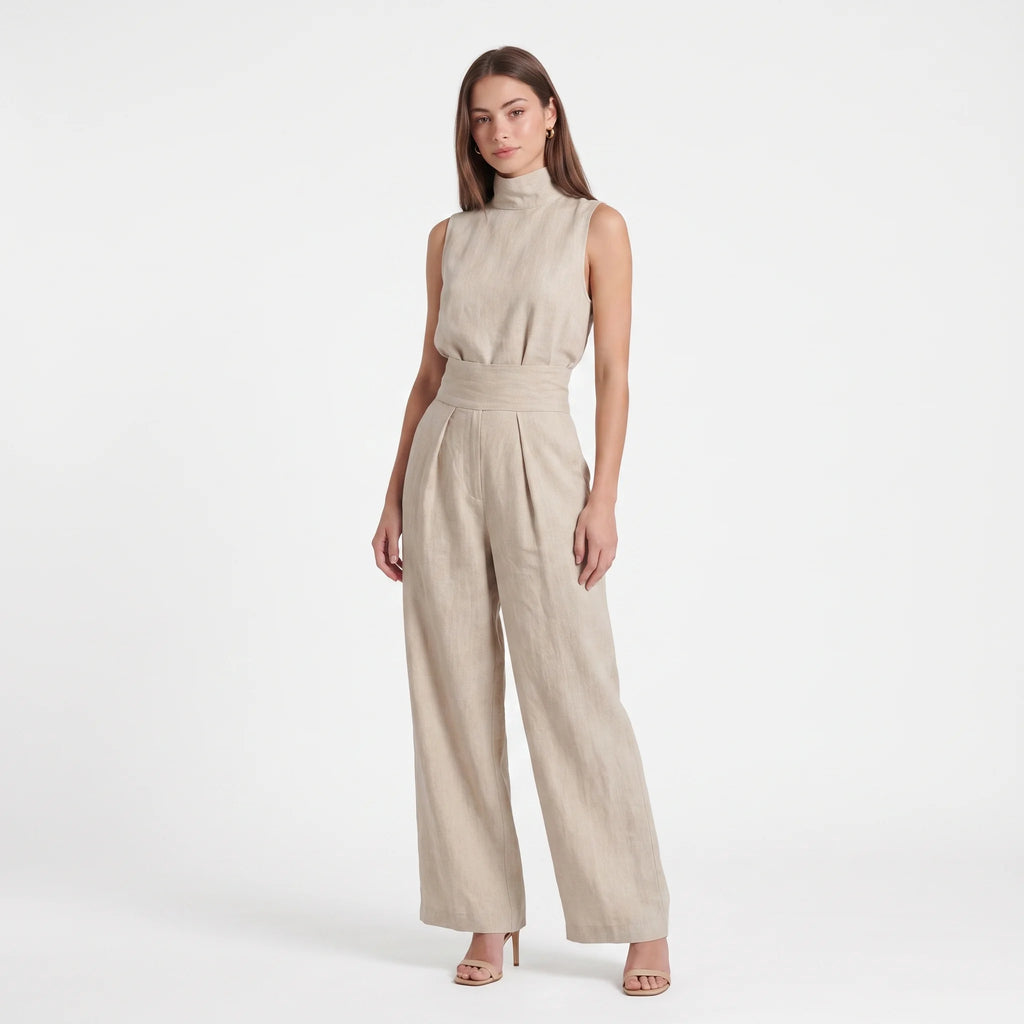 Women's Cotton Linen Wide-Leg Jumpsuit – High Neck Sleeveless Elegant Jumpsuit-Jumpsuit-Khaki-S-Kusasi