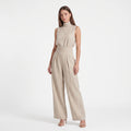 Women's Cotton Linen Wide-Leg Jumpsuit – High Neck Sleeveless Elegant Jumpsuit-Jumpsuit-Khaki-S-Kusasi