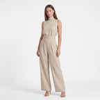 Women's Cotton Linen Wide-Leg Jumpsuit – High Neck Sleeveless Elegant Jumpsuit-Jumpsuit-Khaki-S-Kusasi