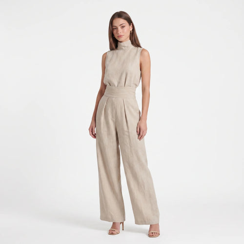 Women's Cotton Linen Wide-Leg Jumpsuit – High Neck Sleeveless Elegant Jumpsuit-Jumpsuit-Khaki-S-Kusasi
