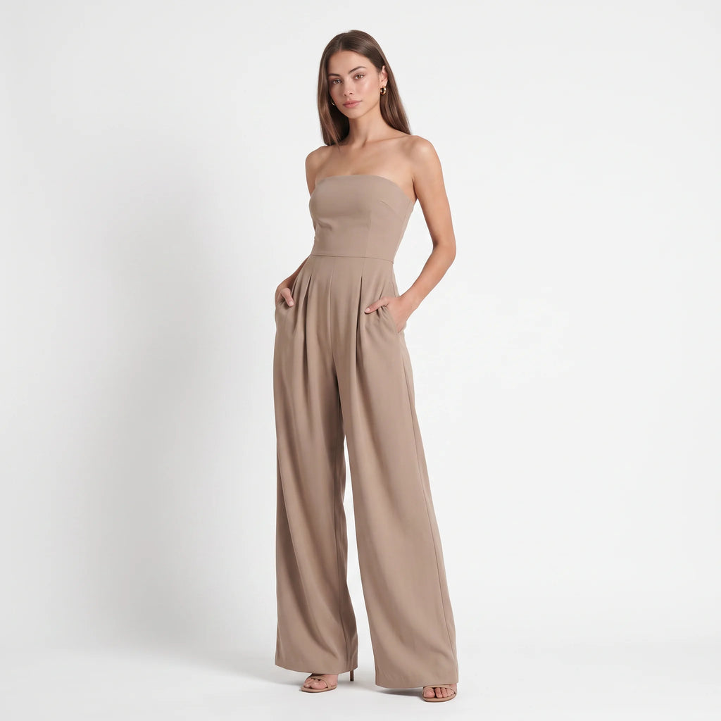 Women's Strapless Wide-Leg Jumpsuit – Elegant Tailored Waist Evening Jumpsuit with Pockets-Jumpsuit-Beige-XS-Kusasi
