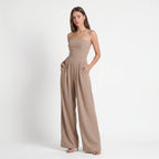 Women's Strapless Wide-Leg Jumpsuit – Elegant Tailored Waist Evening Jumpsuit with Pockets-Jumpsuit-Beige-XS-Kusasi
