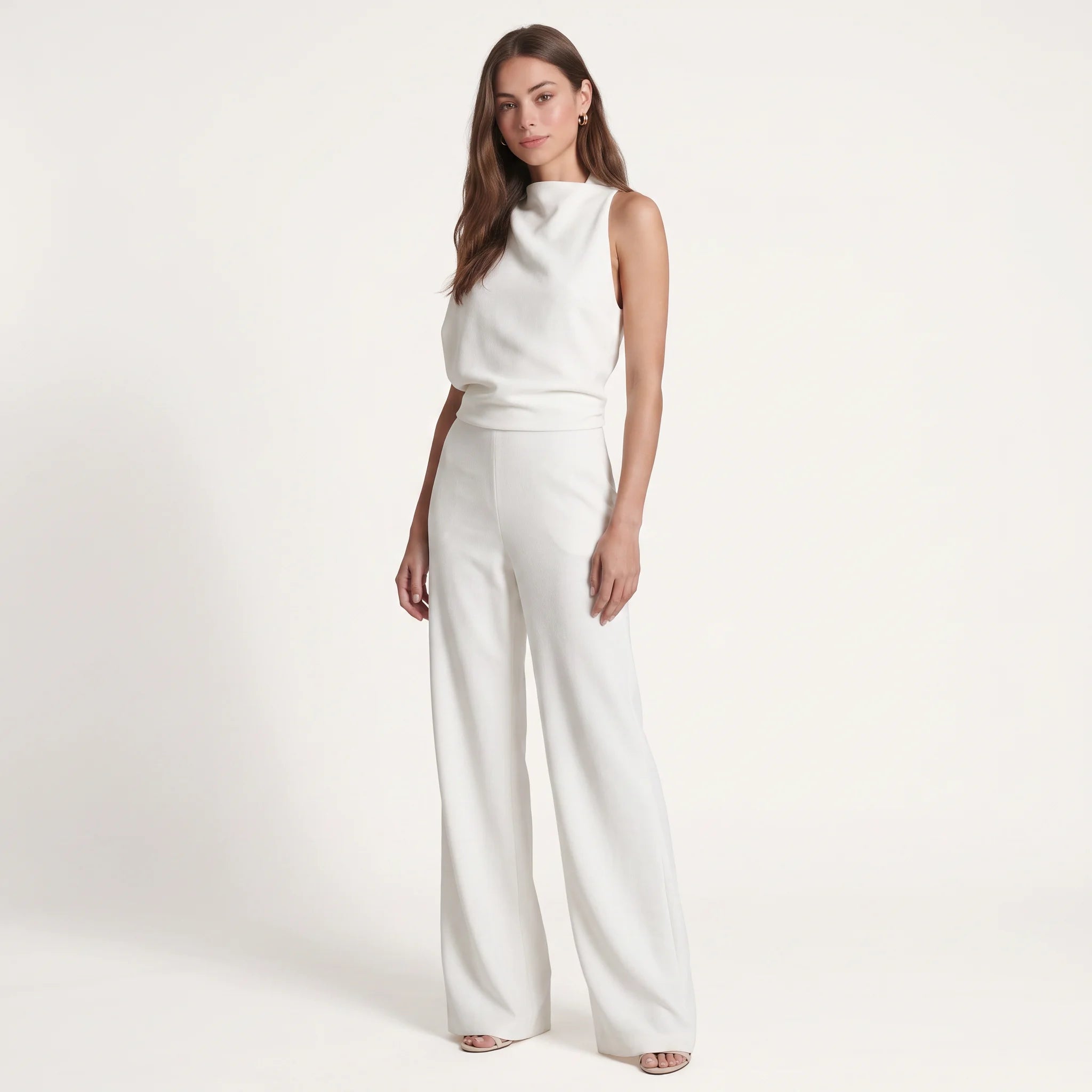 Women's One-Shoulder Wide-Leg Jumpsuit – Elegant High-Waist Sleeveless Evening Jumpsuit-Jumpsuit-White-S-Kusasi