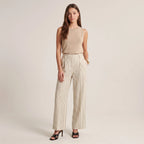 Women's Elastic Waist Straight-Leg Trousers – Linen Blend Cropped Pants with Pockets-Trousers-Beige-S-Kusasi