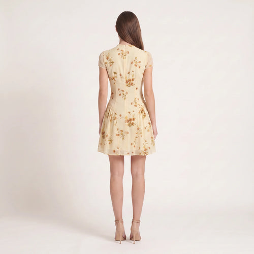 Women's Floral A-Line Mini Dress – Elegant Cap Sleeve Summer Dress-Dresses-Light Yellow-XS-Kusasi