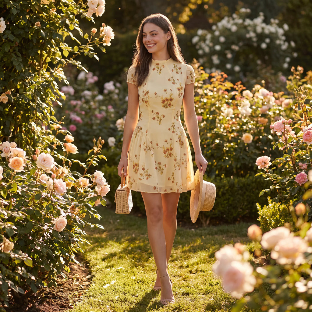 Women's Floral A-Line Mini Dress – Elegant Cap Sleeve Summer Dress-Dresses-Light Yellow-XS-Kusasi