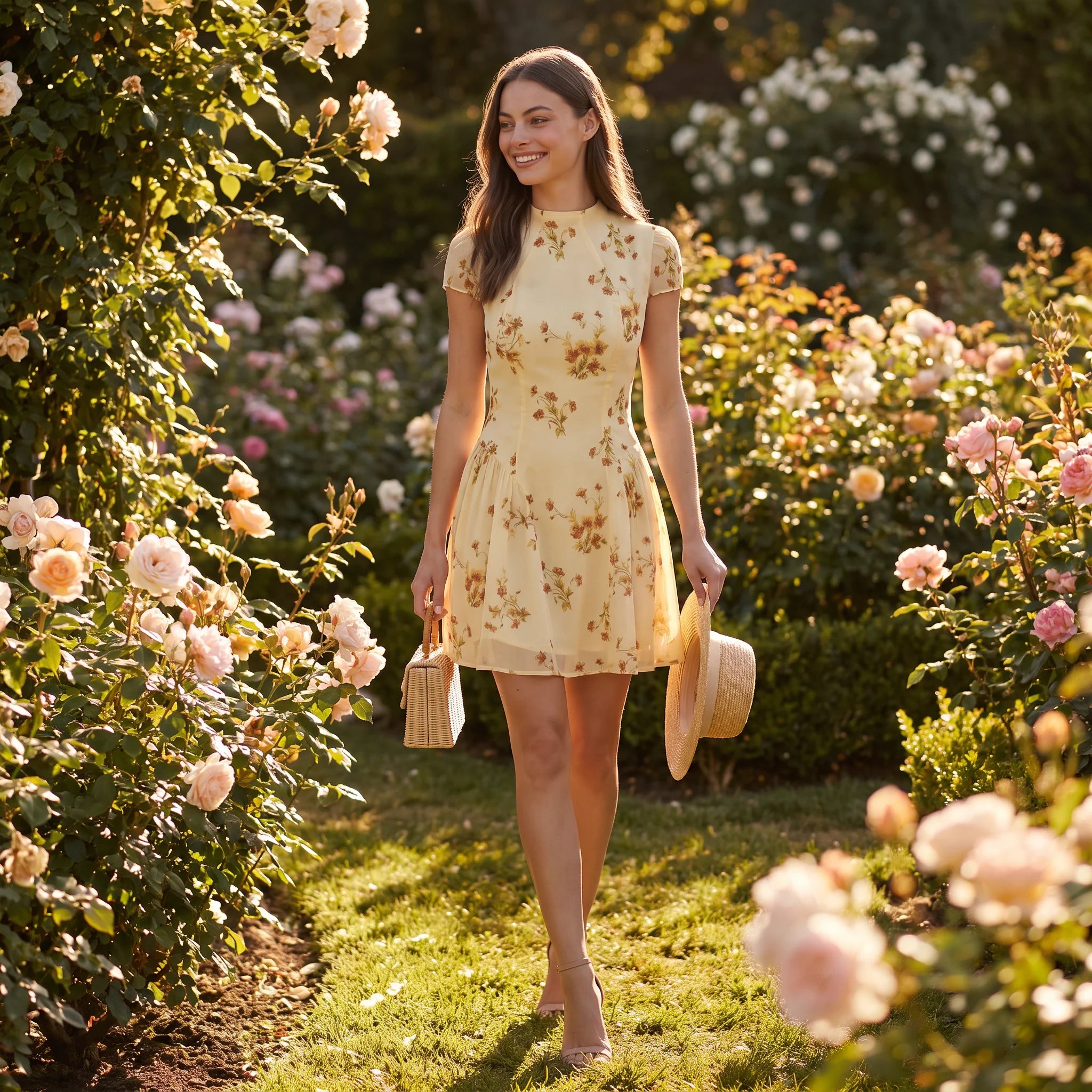 Women's Floral A-Line Mini Dress – Elegant Cap Sleeve Summer Dress-Dresses-Light Yellow-XS-Kusasi
