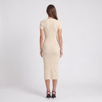 Women's V-Neck Bodycon Midi Sweater Dress – Elegant Ribbed Knit Dress-Dresses-Beige-S-Kusasi