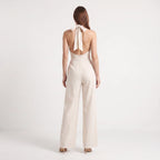 Women's Halter Neck Wide-Leg Jumpsuit – Elegant Sleeveless Textured One-Piece-Jumpsuit-Ivory-S-Kusasi