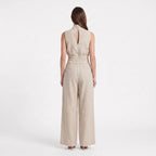 Women's Cotton Linen Wide-Leg Jumpsuit – High Neck Sleeveless Elegant Jumpsuit-Jumpsuit-Khaki-S-Kusasi