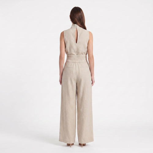Women's Cotton Linen Wide-Leg Jumpsuit – High Neck Sleeveless Elegant Jumpsuit-Jumpsuit-Khaki-S-Kusasi
