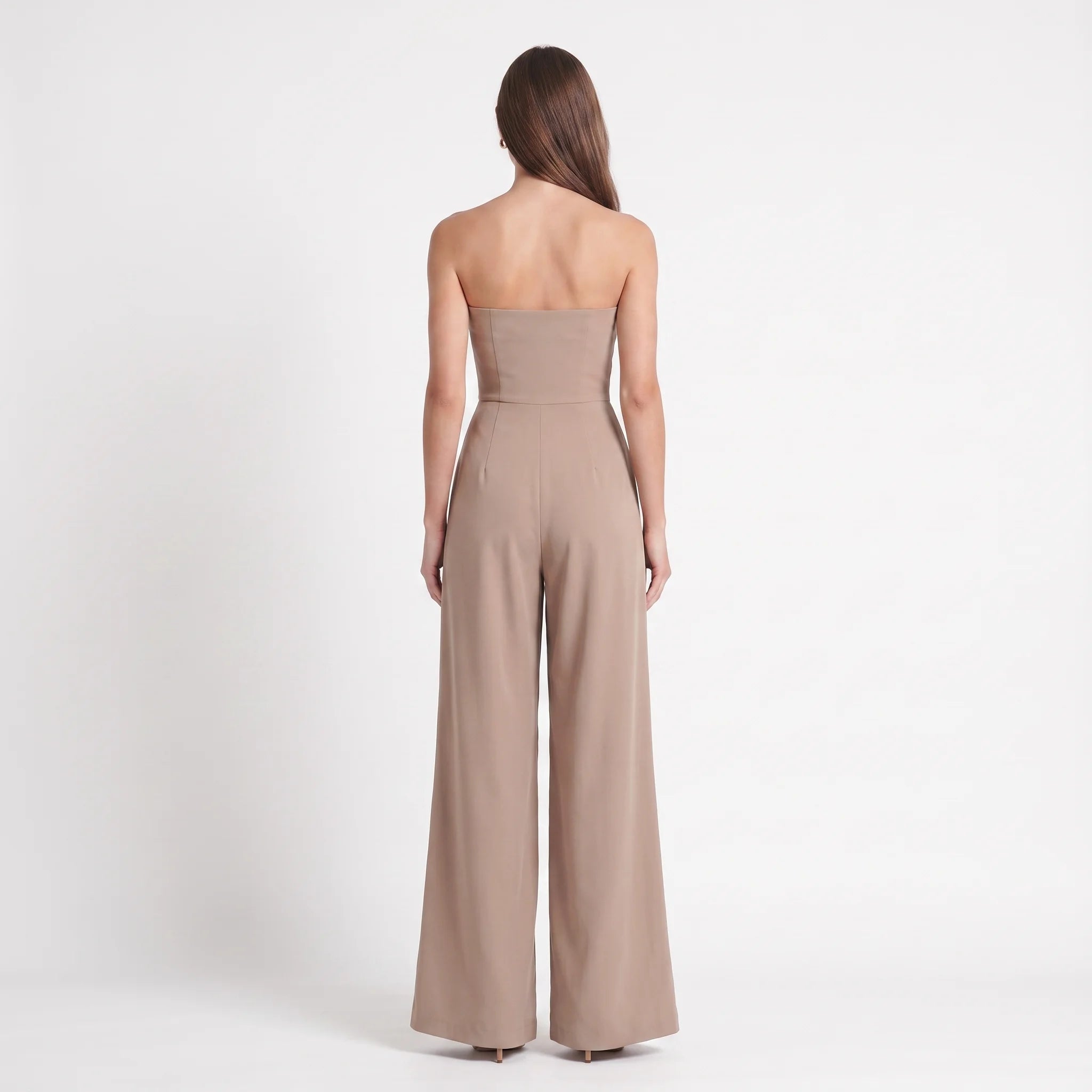 Women's Strapless Wide-Leg Jumpsuit – Elegant Tailored Waist Evening Jumpsuit with Pockets-Jumpsuit-Beige-XS-Kusasi