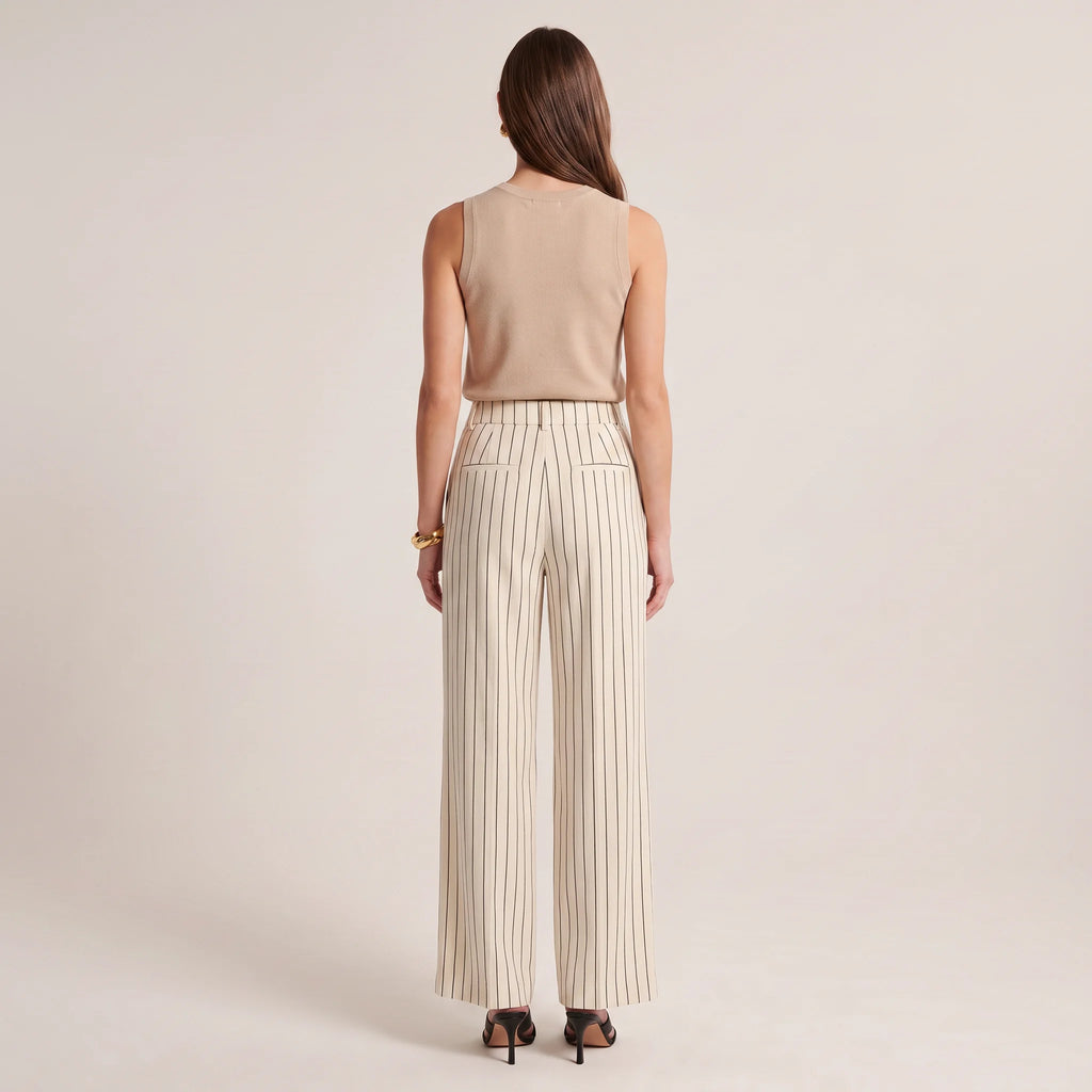 Women's Elastic Waist Straight-Leg Trousers – Linen Blend Cropped Pants with Pockets-Trousers-Beige-S-Kusasi