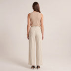 Women's Elastic Waist Straight-Leg Trousers – Linen Blend Cropped Pants with Pockets-Trousers-Beige-S-Kusasi