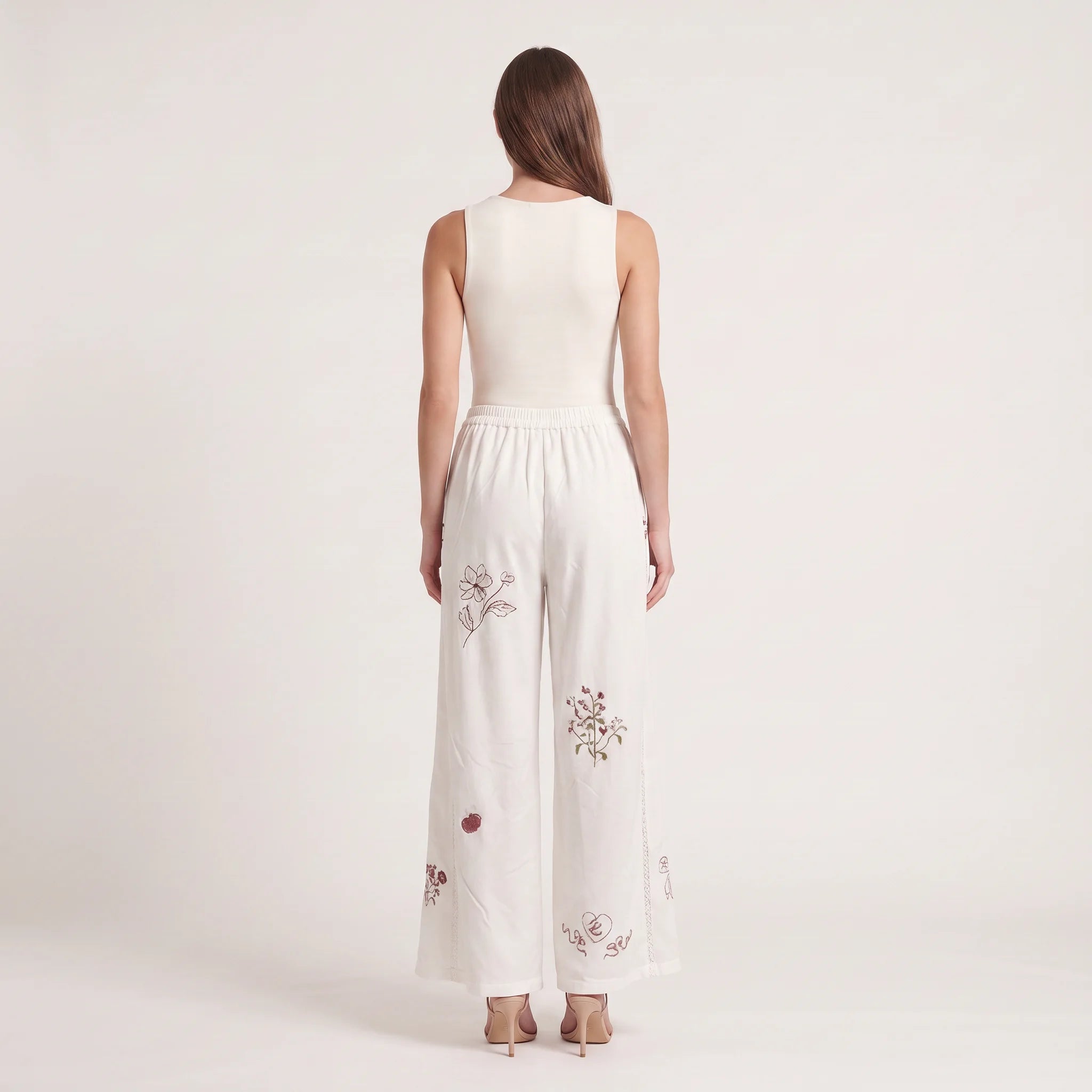 Women's Floral Embroidered Straight-Leg Trousers – Cotton Elastic Waist Pants-Trousers-White-S-Kusasi