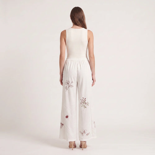 Women's Floral Embroidered Straight-Leg Trousers – Cotton Elastic Waist Pants-Trousers-White-S-Kusasi